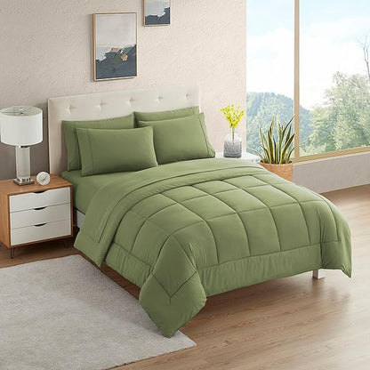 Dorm Room Essentials College Bedding Comforter Set 5 Piece Twin Size Bed in a Bag for College Students Boys and Girls, Twin, Sage Green