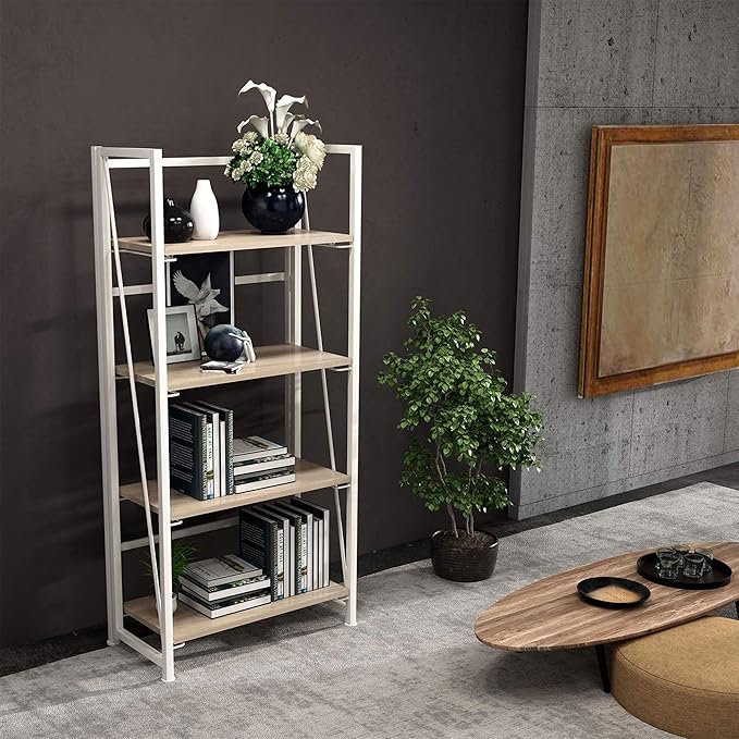 No-Assembly Folding Bookshelf Storage Shelves 4 Tiers Vintage Multifunctional Plant Flower Stand Storage Rack Shelves Bookcase for Home Office (White)