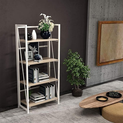 No-Assembly Folding Bookshelf Storage Shelves 4 Tiers Vintage Multifunctional Plant Flower Stand Storage Rack Shelves Bookcase for Home Office (White)
