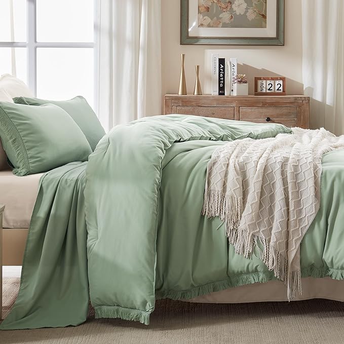 Andency Twin Comforter Set Sage Green, 2 Pieces Kids Comforter Sets for Boys Girls Teens, Boho Tassel Lightweight Winter Fluffy Bed Set (66x90In Comforter & 1 Pillowcase)
