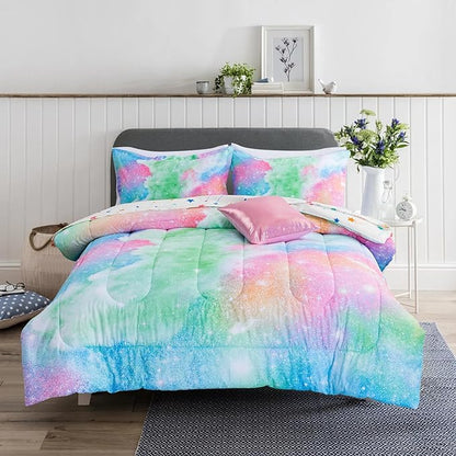 A Nice Night Galaxy 6pcs Kids Bed in a Bag Outer Space Comforter 3D Printed Space Quilt Set Glitter Pink Green Color,for Children Boy Girl Teen Kids,Twin