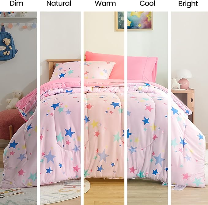 SLEEP ZONE Jersey Knit Pink Comforter Set Twin Size, Breathable & Soft Kids Bedding Set 2-Piece with Comforter, Pillowcase (Colorful Stars, Twin)