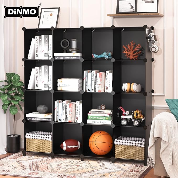 16 Cubes Storage Organizer, Bookcase, Display Shelf with Wooden Mallet, Cabinet Storage for Kids, Adult, Office, Bedroom, Bathroom, Black