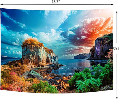 Delur Coastal Ocean Beach Tapestry Tropical Forest Tree Sunrise Sea Landscape Tapestry Wall Hanging Wave Sunset Nature Colorful Spiritual Headboard for Bedroom Living Room Home Decor (59.1" x 78.7")
