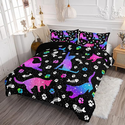 Cute Cat Comforter Kids Bedding Set Full,3Pcs Soft Paw Fish Bone Print Quilt Set Bed in A Bag with 1 Comforter 2 Pillowcases for Kids Boys Girls Teens Adults Room Decor All Season Gradient Purple Blue