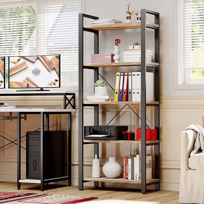 IRONCK Bookshelf 5-Tier Ladder Shelf 110lbs/shelf Vintage Industrial Style Bookcase for Home Decor, Office Decor
