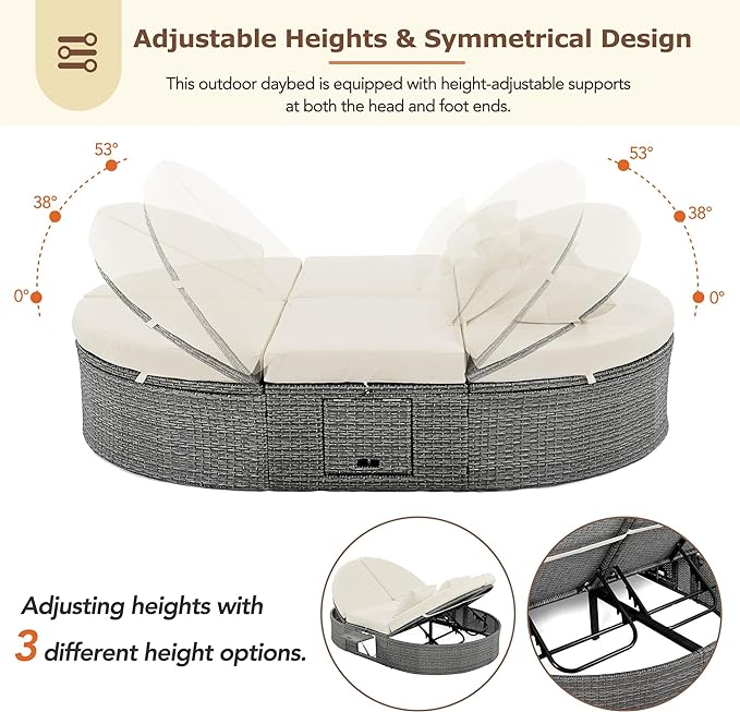 Outdoor DayBed Patio 2-Person Rattan Sun Bed Reclining Chaise Lounge with Adjustable Backrests, Foldable Cup Trays and Pillows, for Lawn,Poolside, Beige