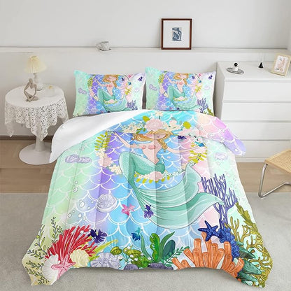 CVHOUSE Mermaid Comforter Set,Ocean Sea Mermaid Bedding Set for Girls Kids Teens,Mermaid Comforter Butterflies Duvet Set Room Decor Quilt Set Full Size