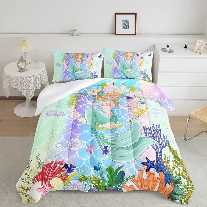 CVHOUSE Mermaid Comforter Set,Ocean Sea Mermaid Bedding Set for Girls Kids Teens,Mermaid Comforter Butterflies Duvet Set Room Decor Quilt Set Queen Size