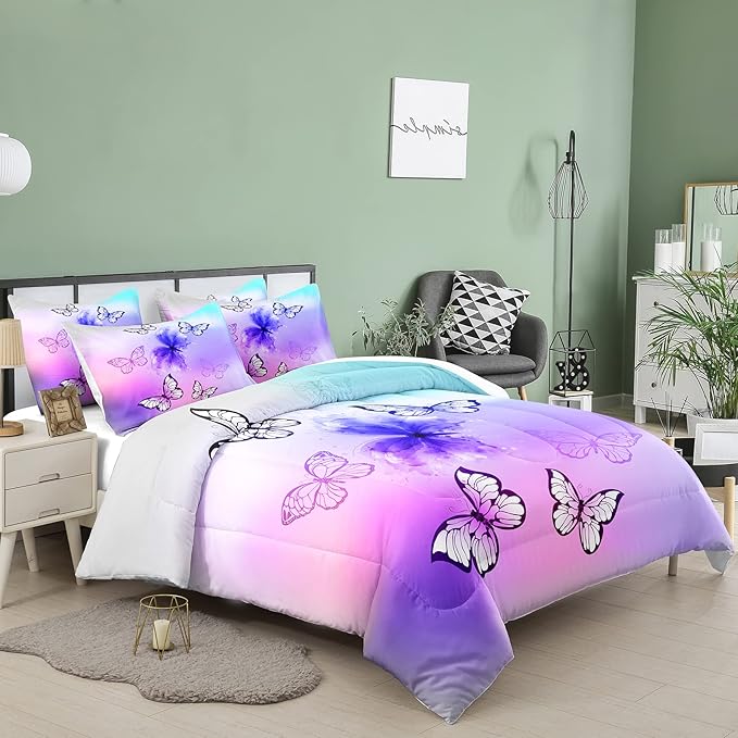 Tailor Shop Twin Bedding Sets for Girls,Pink Butterfly Comforter Set Butterfly Bedding Sets for Kids Teens,Tie Dye Butterflies Bed Set,with 1 Comforter and 2 Matching Pillowcase…