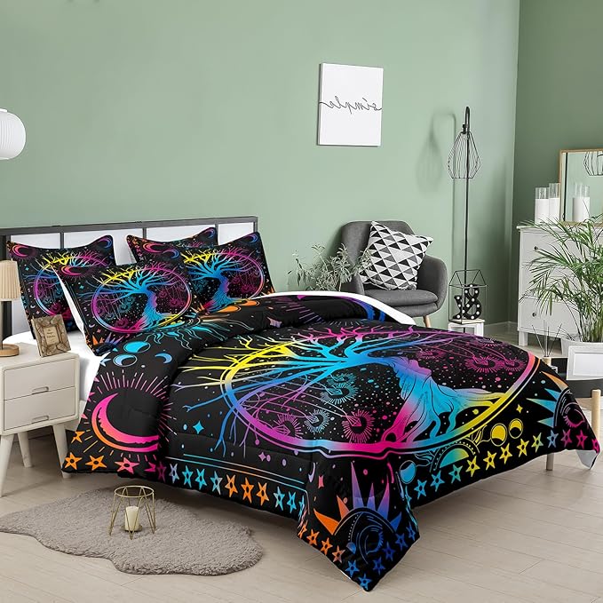 NINENINE Tree of Life Bedding Sets Queen Sun and Moon Comforter Set,Gothic Bohemian Comforter Set for Kids Boys Girls,Galaxy Stars Mandala Tribal Bed Set with 1 Comforter 2Pillowcases…