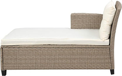 4-Piece Outdoor Rattan Sofa Sets, Patio Furniture Conversation Sectional Couch with Chaise Lounge, Single Sofachair, Seat Cushions and Glass Table, for Garden Backyard Deck, Onesize, Beige