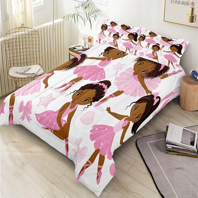 Full Bedding Sets for Girls, African American Magic Comforter Set with Ballet Dancer, Pink Bed Set for Kids Teens, Little Girls Bedroom Decor