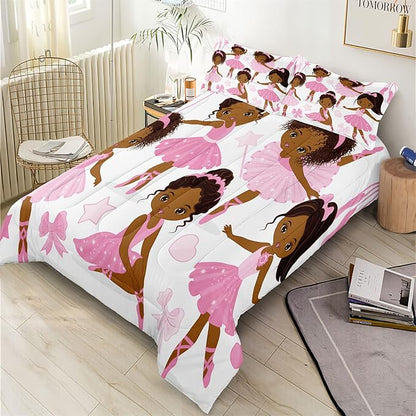 Full Bedding Sets for Girls, African American Magic Comforter Set with Ballet Dancer, Pink Bed Set for Kids Teens, Little Girls Bedroom Decor