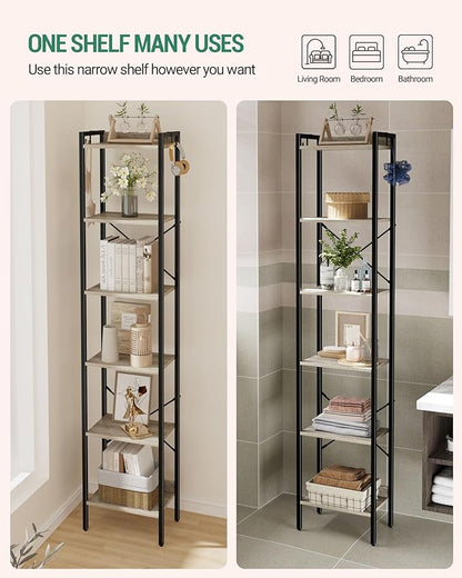 Bookshelf, Book Shelf, Industrial Bookcase with 2 Hooks, Coner Shelf Storage Organizer for Home Office, Living Room, Bedroom, Kitchen, 6-Tier Greige BC10705B