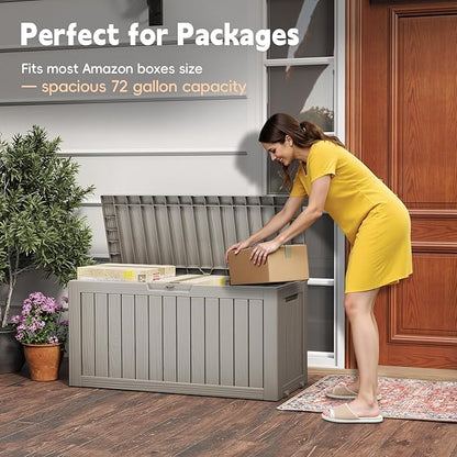 Outdoor Storage Box, 72 Gallon Deck Box Waterproof, Resin Patio Storage Bin for Package Delivery, Patio Furniture Cushion, Garden Tools, Pool Accessories, Weatherproof, Grey