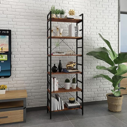 6 Tier Industrial Bookcase Shelf,Tall Bookshelf Industrial Corner Storage Organizer for Bedroom/Living Room/Home Office - Rustic Brown Modern Book Shelf for Books and Movies