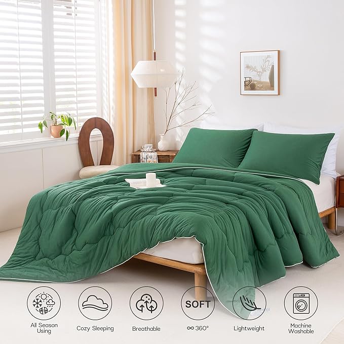 COTTEBED Forest Green Comforter Queen Size, Jersey Knit Cotton T-Shirt Feel Ultra-Soft Cute Cozy Lightweight Bedding Blanket Quilt Down Set & Pillowcase All Season Use Emerald Hunter Green,Full/Queen
