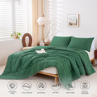COTTEBED Forest Green Comforter Queen Size, Jersey Knit Cotton T-Shirt Feel Ultra-Soft Cute Cozy Lightweight Bedding Blanket Quilt Down Set & Pillowcase All Season Use Emerald Hunter Green,Full/Queen