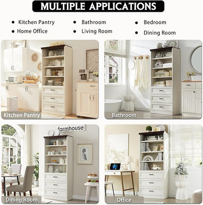 72" Tall Bookshlef with 3 Drawers, Farmhouse 4-Tier Bookcase with Adjustable Shlef, Wooden Storage Cabinet for Living Room, Kitchen, Home Office, Dining Room, White