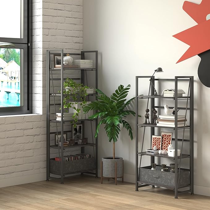 4NM No-Assembly Folding Bookshelf Storage Shelves 4 Tiers Vintage Bookcase Standing Racks Study Organizer Home Office (Gray and Black)