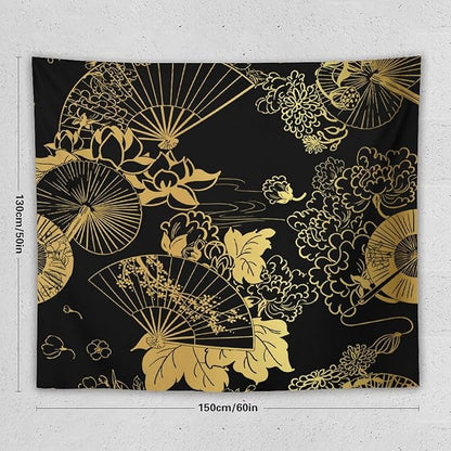 HZOHNAGO Japanese Tapestry Gold Flowers Umbrella Fan Pattern Printed Wall Tapestry Painting Wall Hanging for Bedroom Living Room Dorm 60" W x 50" H