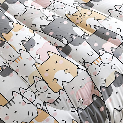 Kawaii Cat Comforter Queen Size,Cats Comforter Set for Kids Teens Girls Boys,3Pcs Bedding Set Printed Comforter with 2 Pillowcases,Down Alternative,Soft and Lightweight，Queen Size