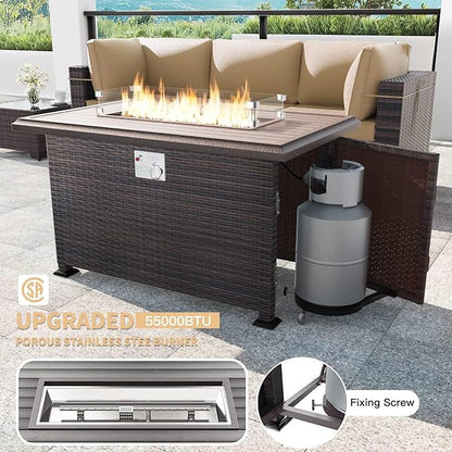 Kullavik 10 Pieces Outdoor Patio Furniture Set with 43" Gas Propane Fire Pit Table PE Wicker Rattan Sectional Sofa Patio Conversation Sets,Sand