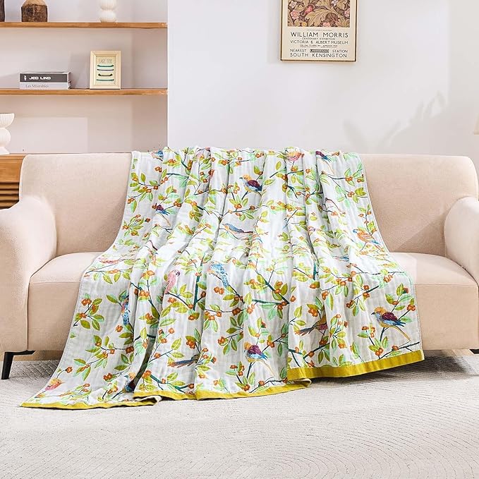 Boho Throw Blanket for Bed, 100% Cotton Soft Rustic Quilt Fall Blanket, 90"x98" Floral Printed Farmhouse Decor Bed Blankets, All Season Rustic Reversible Bohemian Throw Quilt