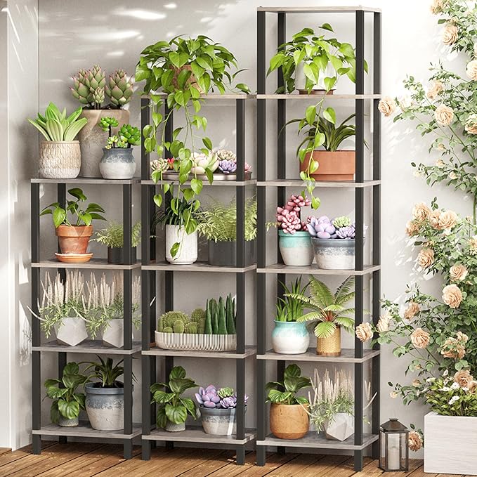 TUTOTAK Bookshelf, 5-Tier Tall Book Shelf, Narrow Bookcase for Small Space, DIY Stackable Bookshelf, for Living Room, Office, Study, Entryway, Industrial, Greige and Black BS01BG005