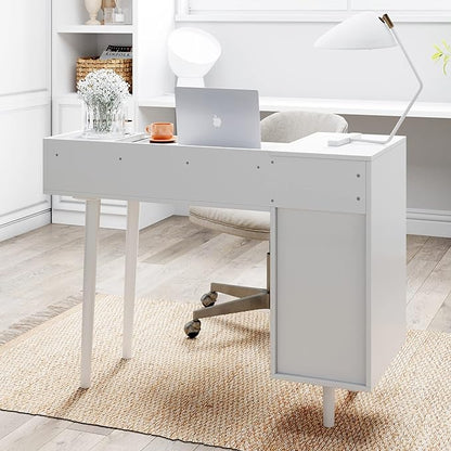 Nathan James Daisy Vanity Dressing Table or Makeup Desk with 4-Drawers and Brass Accent Knobs, White Wood
