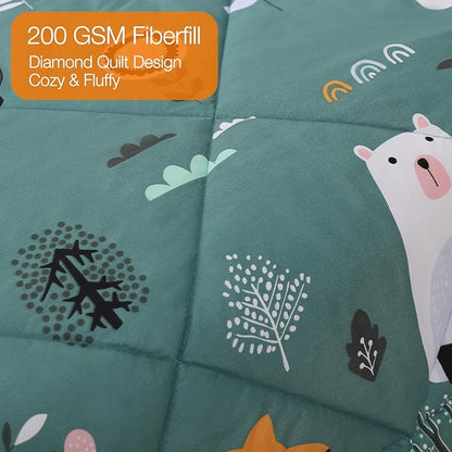 JSD Green Animal Forest Kids Comforter Set, 2 Pieces Twin Microfiber Comforter with Pillow Sham, Soft Comfortable Machine Washable