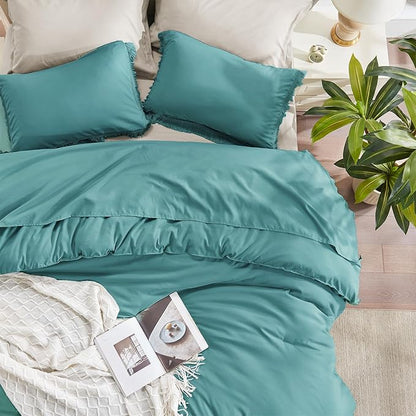 Andency Aqua Tassel Comforter Set Full(79x90Inch), 3 Pieces(1 boho Comforter, 2 Pillowcases) Farmhouse Shabby Chic Comforter Set, Soft Microfiber Lightweight Fringe Bedding Comforter Set