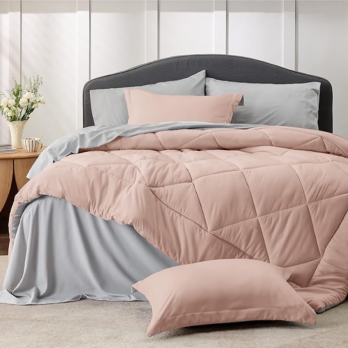 Bedsure Blush Pink California King Size Comforter Set - 7 Pieces Reversible Cal King Bed in a Bag Bed Set with Comforters, Sheets, Pillowcases & Shams, California King Bedding Sets