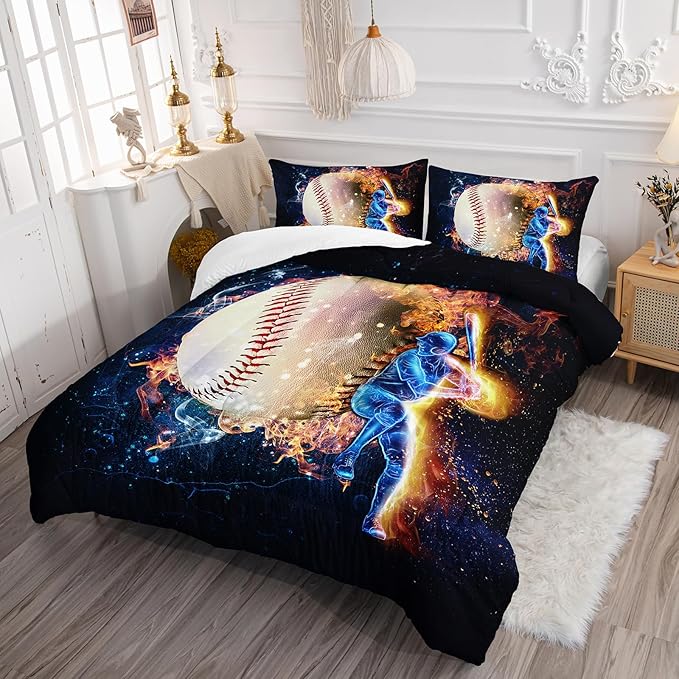 Axolotl 3D Baseball Comforter Set Queen,Sports Bedding,Red Blue Water Fire Comforter Set,Sports Baseball Loveer Bedding Set,Sport Game Comforter for Kids Boys Teens Adults,1 Quilt 2 Pillowcases