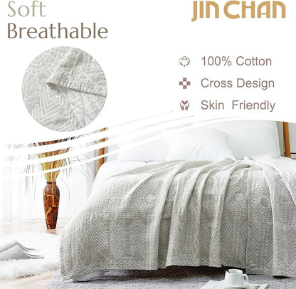 jinchan Boho 100% Cotton Muslin 50x60 Throw Blanket Lightweight 3-Layer Light Grey Blanket Washable Reversible Breathable Decorative Geometric Striped Patterned Soft Cozy for Sofa Bed All Season Gift
