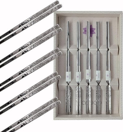 Chopsticks [Made in Korea][5 Sets] 430 Premium Stainless Steel Chopsticks, Mukbang Kitchen Utensil, Cutlery Silverware Stainless Tableware (Crane)
