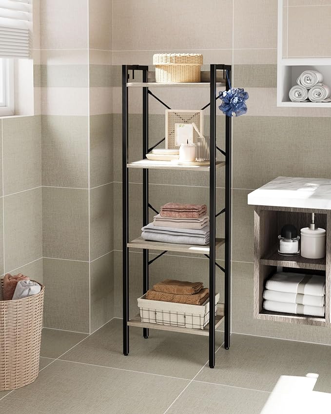 Bookshelf, Book Shelf, Industrial Bookcase with 2 Hooks, Coner Shelf Storage Organizer for Home Office, Living Room, Bedroom, Kitchen, 4-Tier Greige BC10405B