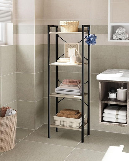 Bookshelf, Book Shelf, Industrial Bookcase with 2 Hooks, Coner Shelf Storage Organizer for Home Office, Living Room, Bedroom, Kitchen, 4-Tier Greige BC10405B