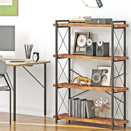 HCHQHS Bookshelf, 4-Tier Industrial Bookcase, Rustic Open Book Shelf, Freestanding Tall Bookshelves with Metal Frame