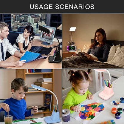 Desk Lamp for Home Office, LED Desk Lamp with Wireless Charger Pen Holder, Dimmable Desk Light with 3 Color Modes, Black Office Lamp for Dorm