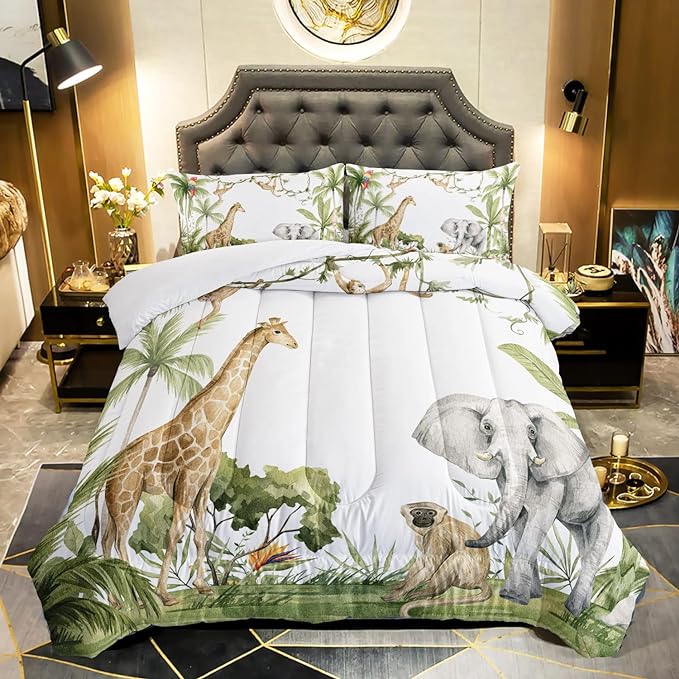 Elephant Giraffe Monkeys Comforter Twin Size,Wild Animals Kids Comforter Set,3Pcs Bedding Set Printed Comforter with 2 Pillowcases,Down Alternative,Soft and Lightweight,for All Seasons