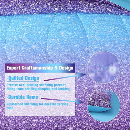 JQinHome Queen Blue Purple Comforter Set, 6 Piece Bed in A Bag 3D Colorful Ombre Bedding Set for Girls Women (1 Comforter,2 Pillowcases,1 Flat Sheet,1 Fitted Sheet,1 Cushion Cover)(Blue Purple)