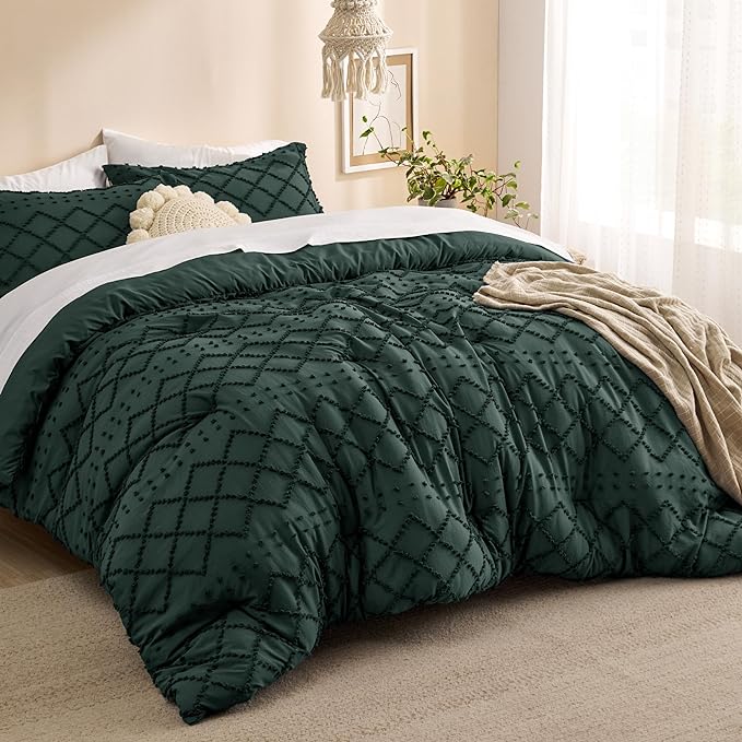 Bedsure Twin/Twin XL Comforter Set - Forest Green Boho Twin Extra Long Comforter Set for College, Shabby Chic Dorm Bedding Set, 2 Pieces Modern Farmhouse Bed Set, includes 1 Pillow Sham