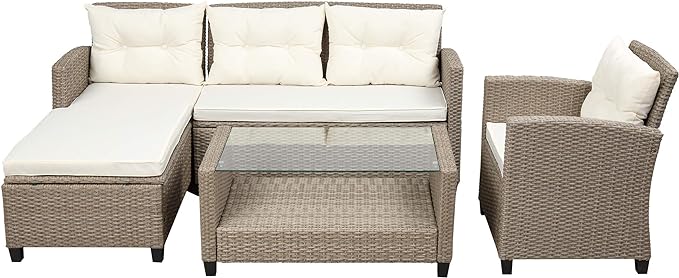 4 Piece Outdoor Patio Furniture Set, Sectional Conversation All-Weather Grey PE Wicker w/Seat Cushions for Backyard Porch Garden Poolside Balcony, Onesize, Ob-Beige