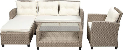4 Piece Outdoor Patio Furniture Set, Sectional Conversation All-Weather Grey PE Wicker w/Seat Cushions for Backyard Porch Garden Poolside Balcony, Onesize, Ob-Beige