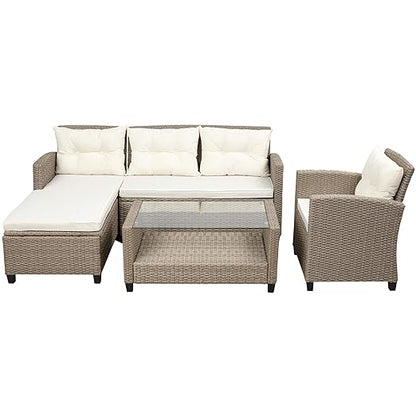 4PCS Patio Furniture Set, Outdoor Wicker Conversation Sectional L-Shaped Sofa with 4 Seater Thickness Coffee Table, for Backyard, Porch, Onesize, E-Beige Cushion+Brown Rattan
