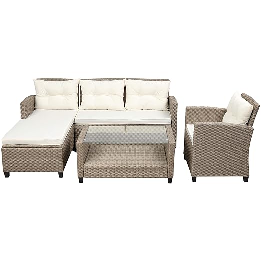 Patio Furniture Sets, 4 Pcs Outdoor Conversation Set All Weather Wicker Ratten Sectional Sofa with 2-Seater Sofá and lounge Couch&Chair, Coffee Table, Seat Cushions, fit for Yard Garden Porch