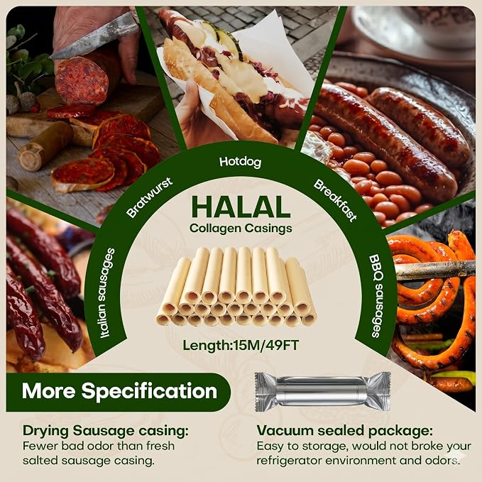 VONSYONG HALAL Sausage Casing, Grade A Edible Drying Collagen Sausage Casings for Flavorous Homemade Sausages 15m/49ft,Diameter 32mm/ 1 1/4'',1 Roll
