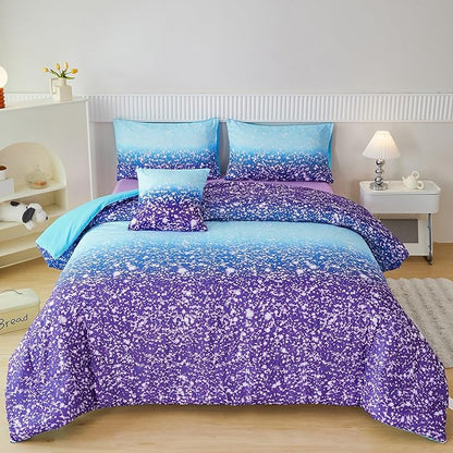 PERFEMET 6Pcs Full Size Comforter Sets for Girls Blue Purple Ombre Rainbow Kids Bedding Set Colorful Tie Dye Glitter Teen Girls Bedroom Decor Bed in A Bag